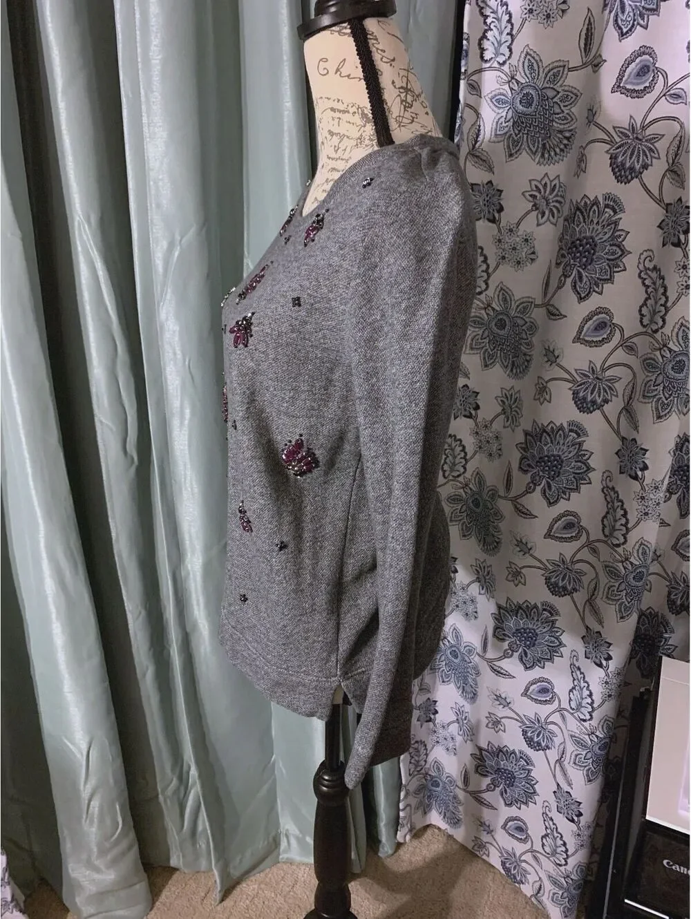 LOFT Gray Embellished Long Sleeve Sweater